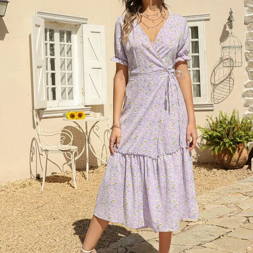 Vista 2 de Vestido de gasa con mangas abombadas y estampado floral, bohemio, con cuello en V cruzado, cintura con lazo, dobladillo con volantes y abertura