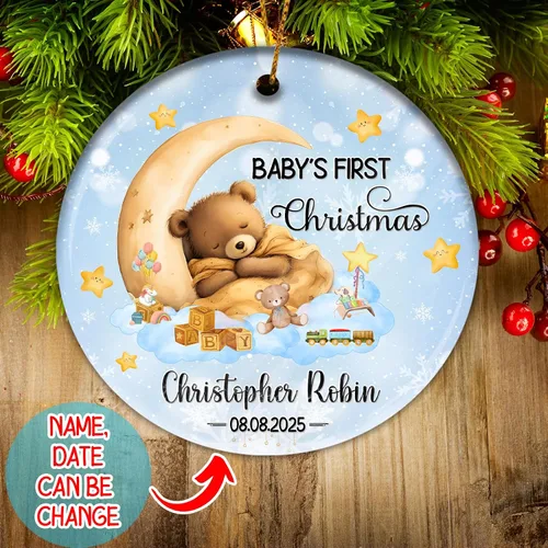 Vista 2 de Adorno personalizado para la primera Navidad del bebé 2025 con nombre personalizado, lindo oso en la luna, adornos redondos, regalo de primer