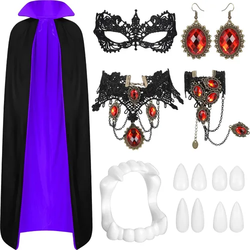 Vista 8 de Ramede Juego de 14 piezas de disfraz de vampiro de Halloween con capucha, máscara, aretes, gargantilla, pulseras de tatuaje, colmillos de cicatriz