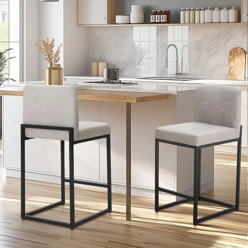 Vista 29 de Juego de 2 taburetes de bar de altura de mostrador de color blanco cremoso de 24 pulgadas, modernos taburetes de bar dorados con respaldo tapizado