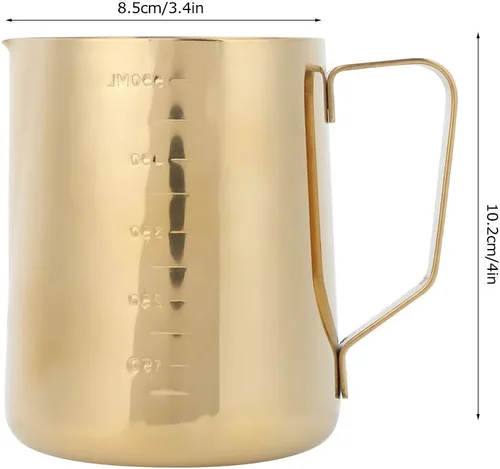 Vista 8 de Jarra de espuma para el día de San Valentín, jarras de leche al vapor, jarra de espuma de leche de acero inoxidable dorado con escala para el hogar
