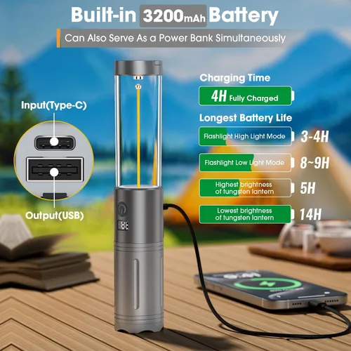 Vista 2 de Linterna LED para campamento, hasta 350 horas de luz de campamento recargable, 4 modos de linterna al aire libre con luz roja, resistente al agua