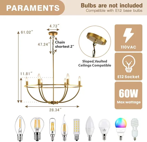 Vista 4 de WJShome Lámpara de araña dorada Granja: Candelabros modernos de 6 luces para comedor, iluminación industrial rústica de isla de cocina, para sala