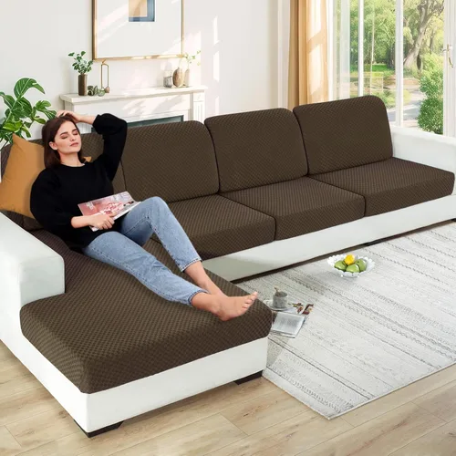 Vista 64 de YEMYHOM Funda de cojín para sofá, funda de cojín de asiento de alta elasticidad, tela jacquard geométrica de felpa, protector de sofá antideslizante