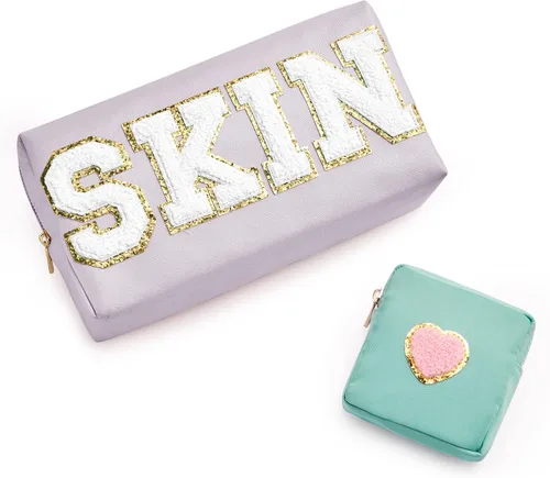 Vista 11 de Bolsa con letras de chenilla para viajes, A-Verde menta, Bolsa de maquillaje transparente a