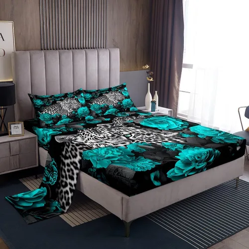 Vista 32 de Erosebridal Sábanas de cama de guepardo con rosa roja, juego de sábanas de bolsillo profundo con estampado de leopardo y gato, sábana bajera