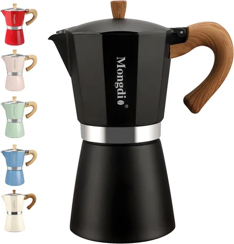 Vista 14 de Mongdio Cafetera de café expreso Moka Pot, cafetera cubana, cafetera de estufa Moka Italian Espresso Greca, cafetera percoladora, 3 tazas de Negro