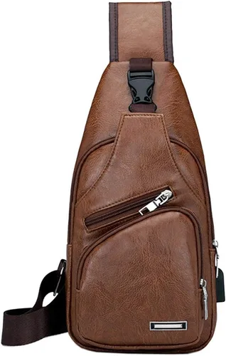 Vista 2 de Mochila estilo bandolera de piel para hombres y mujeres, bandolera de hombro, al pecho, mochila de uso diario para viajes, al aire libre