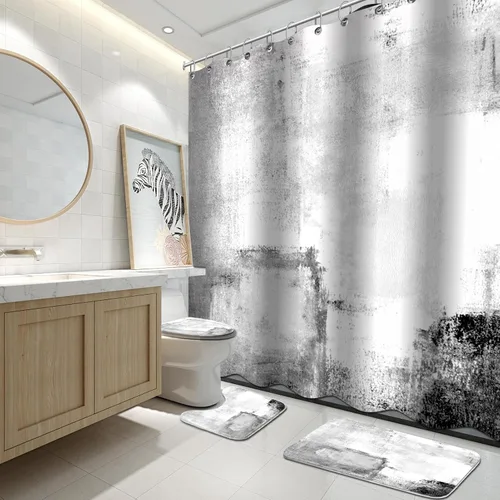 Vista 25 de Lnond 4 Piezas Juegos de Cortinas de Ducha de Baño Moradas con Alfombras, Arte de Pintura Púrpura y Gris Juegos de Baño con Cortina de Ducha