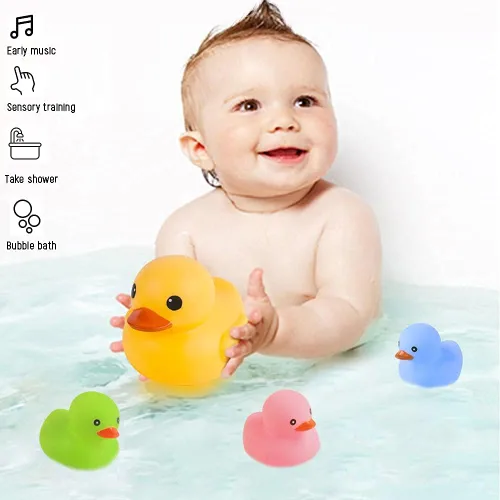Vista 2 de Juguetes de pato de baño, 4 piezas, flotador y chirriante de goma para bebés y niños pequeños, juguete de bañera y ducha (colorido)
