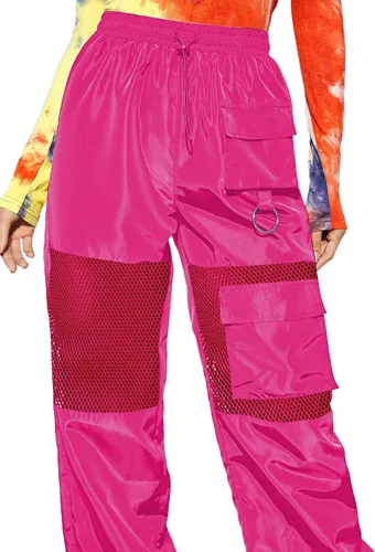 Vista 4 de Floerns Pantalones cargo deportivos de cintura alta con cordón en contraste de malla para mujer