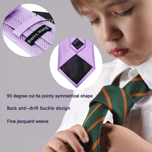 Vista 277 de Barry.Wang Corbata de niño regular seda tejida rayas sólido lazo bolsillo cuadrado