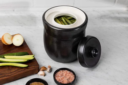 Vista 4 de TOMO Crock de fermentación con pesas 3L – Cerámica chucrut decapado Crock – Cerámica de Cerámica Kombucha Brewing – 3 litros (1 galón), peltre