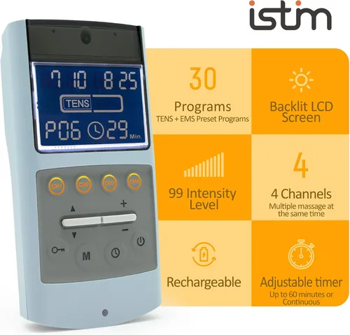 Vista 2 de iStim Estimulador muscular TENS EMS, EV-906 para alivio del dolor y fortalecimiento muscular, electrodos gelificados japoneses incluidos