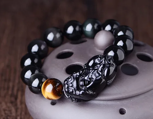 Vista 2 de Pulsera de obsidiana negra, pulsera de obsidiana negra Feng Shui para mujeres y hombres, pulsera elástica de obsidiana con piedra de ojo de tigre