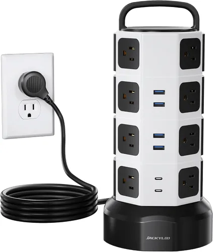 Vista 19 de Regleta de alimentación con protector de sobretensión de torre, JACKYLED 16 tomas 6 USB (2 USB C) estación de carga, cable de extensión con Negro