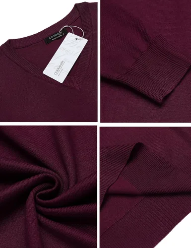 Vista 5 de COOFANDY Suéter casual con cuello en V para hombre, tejido acanalado, ajustado, manga larga