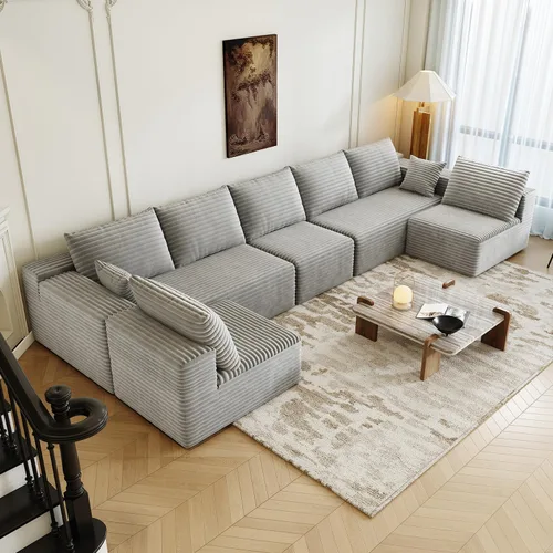 Vista 26 de Sofá modular modular de 139.4 pulgadas, sofás minimalistas en forma de L con diván de asiento medio, moderno sofá convertible de asiento profundo