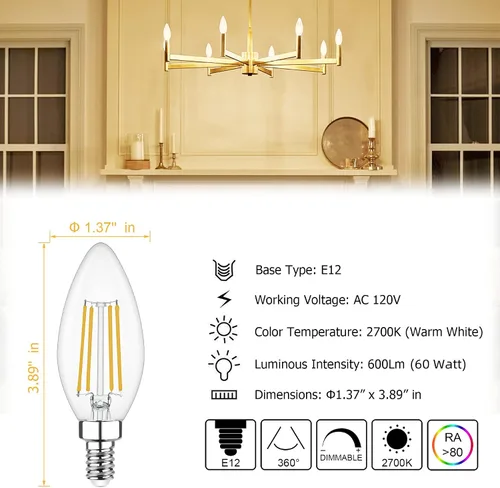 Vista 3 de Cotanic Bombilla LED regulable para candelabro de 2700 K, luz blanca cálida, base E12, equivalente a 60 W, bombilla tipo B con forma de vela