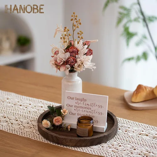 Vista 9 de Hanobe - Bandejas redondas de madera para decoración de centro de mesa Distressed Rustic Finish, 11" Tealight Pillar Candle Plates for Kitchen
