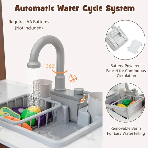 Vista 2 de INFANS Juego de cocina para niños con agua corriente real, juego de cocina de esquina de madera con luz de simulación de sonido y estufa