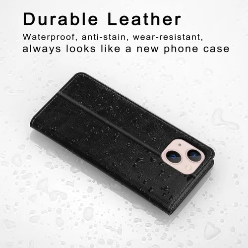 Vista 3 de Belemay Funda compatible con iPhone 14, funda tipo cartera de piel auténtica, tarjetero con bloqueo RFID, carcasa de poliuretano termoplástico a