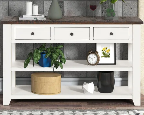 Vista 2 de Mesa consola de madera maciza de 48.8 pulgadas para entrada; mesa de sofá con cajones 48.8" Antique White Real Wood Farmhouse Console Table with