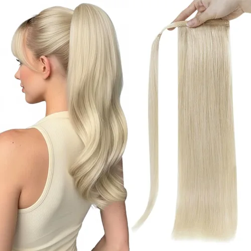 Vista 25 de Extensiones de cabello Full Shine con clip para cola de caballo, cabello humano, tonos medios marrones y rubio miel, envoltura alrededor de la cola