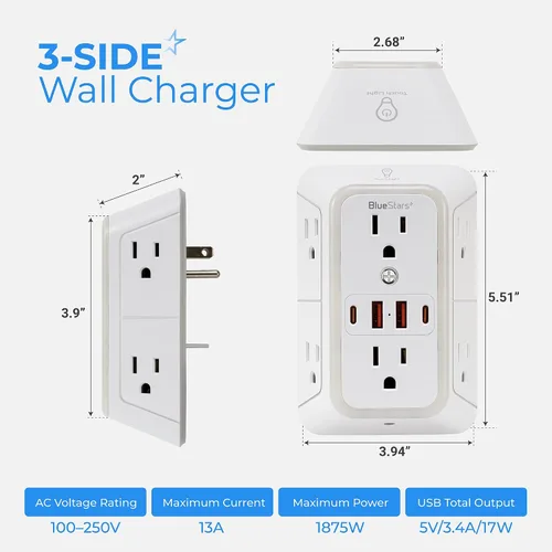 Vista 4 de Regletas de corriente para montaje en pared, cargador de pared, extensor de 6 enchufes, 4 puertos USB (5V, 2.4A, 12W) y luz nocturna, regleta
