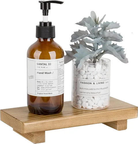 Vista 9 de Organizador de encimera de baño, soporte de pedestal de madera, bandeja decorativa de estilo granja, portajabones para decoración de cocina, Negro