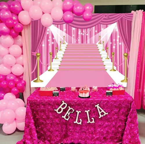 Vista 3 de Telón de fondo de alfombra rosa de 7 x 5 pies, cortina de estrellas para fiesta, fotografía, fondo de niña, dama, fiesta, disfraz, estudio