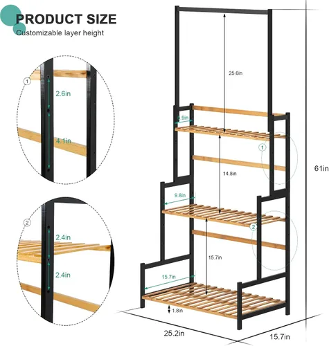 Vista 6 de Ufine - Soporte de bambú para plantas colgantes de 3 niveles con estante en escalera y barra colgante. Organizador de altura ajustable para macetas.