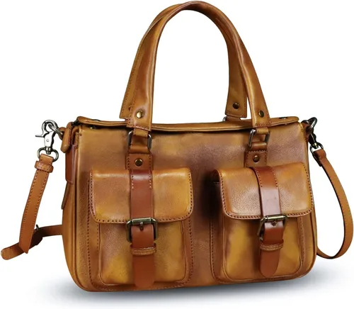 Vista 2 de Bolso de cuero genuino para mujer, estilo retro, hecho a mano, con asa superior, bolso de hombro, bolso cruzado de diseñador