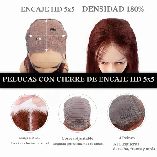 Vista 3 de Pelucas de cabello humano de 28 pulgadas con encaje frontal de color marrón rojizo de 5 x 5, pelucas de cierre de encaje HD para mujeres negras