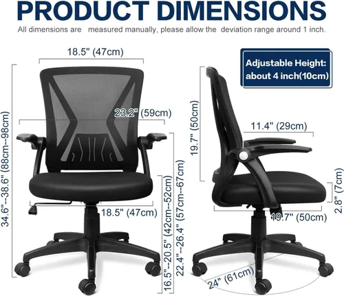Vista 3 de TTD Silla de oficina ergonómica cómoda giratoria para el hogar, silla de escritorio moderna de malla negra con brazos abatibles, silla