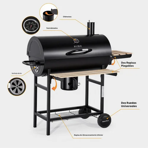 Vista 5 de MASTER COOK Parrilla de carbón de barril con estante frontal plegable de madera, 686 pies cuadrados área de cocina al aire libre, termómetro