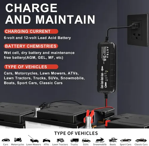 Vista 2 de AXTRA Cargador de batería de automóvil de 6 V y 12 V, mantenimiento de batería inteligente totalmente automático de 3.6 amperios para automóvil