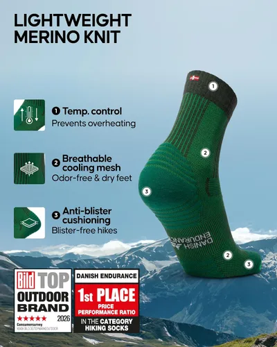 Vista 2 de DANISH ENDURANCE Merino Wool Hiking Socks, Lightweight & Breathable Verde oscuro