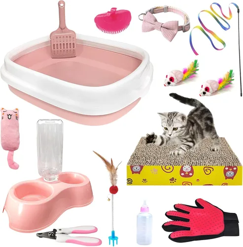 Vista 9 de Kit de iniciación para gatitos Hlimior - Juego de 15 piezas con todo lo esencial para gatos, incluye caja de arena, juguetes, collares, almohadilla
