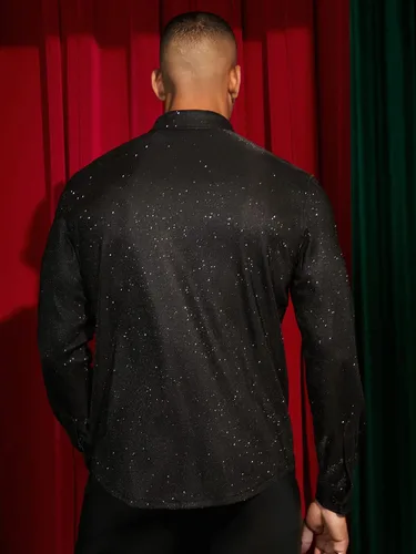 Vista 2 de WDIRARA Camisa de manga larga con botones de purpurina transparente para hombre