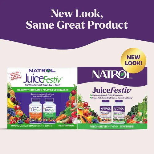 Vista 2 de Suplemento nutricional en cápsulas Natrol JuiceFestiv (60 cápsulas FruitFestiv y 60 cápsulas VeggieFestiv), 47469053031, paquete de de 1, 1, 1