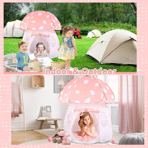 Vista 4 de Carpa de juegos para niños con diseño exquisito Pop Up Carpa para interiores y exteriores Casa de juegos para niños y niñas con diseño de hongo Rosa
