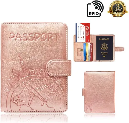 Vista 5 de Talent - Funda para pasaporte, de piel sintética, con bloqueo RFID, para pasaporte, cartera de viaje, Oro rosa, mapa, Cartera RFID