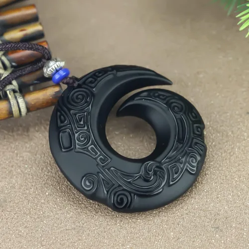 Vista 7 de caiyufeng Natural Boutique - Colgante de obsidiana de la suerte con cadena de cuentas joyería para hombre colgante de jade color negro Madera