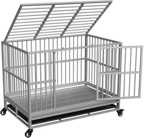 Vista 11 de Jaula indestructible para perros de 37 pulgadas con panel divisor extraíble, jaula resistente para mascotas para dos perros con ruedas de bandeja