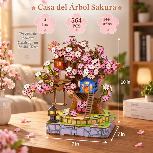 Vista 5 de Sakura Tree House Kit de casa en miniatura para adultos, rompecabezas de madera 3D con luz, juego de construcción de flor de cerezo japonés