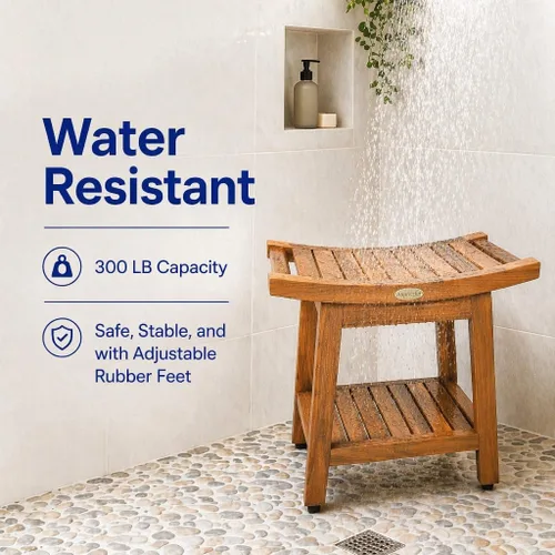 Vista 2 de EcoDecors Banco de teca para ducha de 18 pulgadas, banco de ducha de madera de teca impermeable, asiento de baño con estante, capacidad de 300