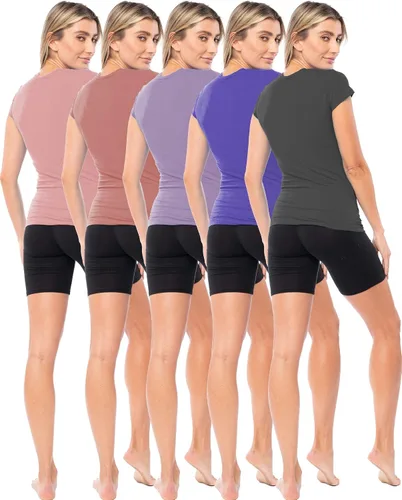 Vista 2 de Sexy Basics Paquete de 5 y 10 camisas de manga corta con cuello en V elástico de algodón casual y activo para mujer