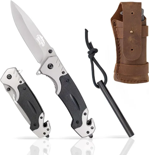 Vista 9 de Tactiko - Cuchillo de bolsillo plegable 4 en 1 para hombre con iniciador de fuego y bolsa de cinturón de cuero, cortador de cinturón de seguridad