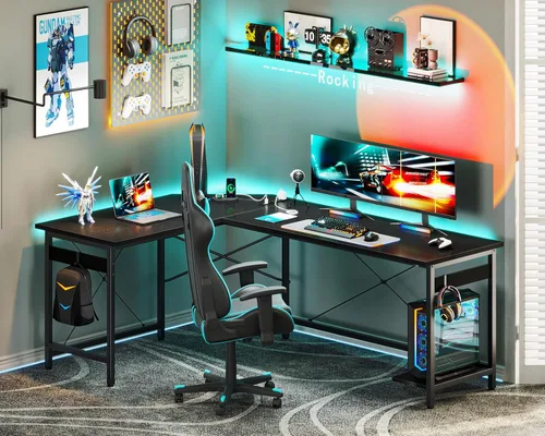 Vista 2 de Coleshome - Escritorio gaming en forma de L de 66 pulgadas, con toma de corriente, con soporte para CPU, escritorio esquinero para computadora